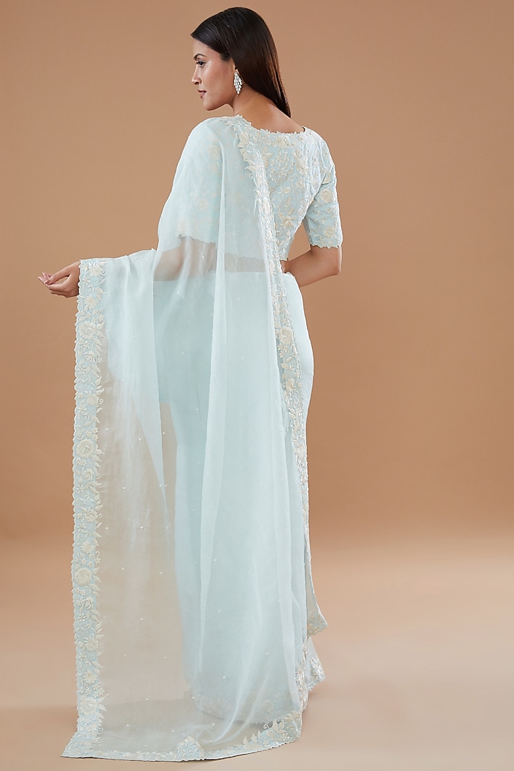 Aqua Blue Organza Pearl & Sequins Embroidered Wedding Saree Set by Sheetal Batra at Pernia's Pop Up Shop