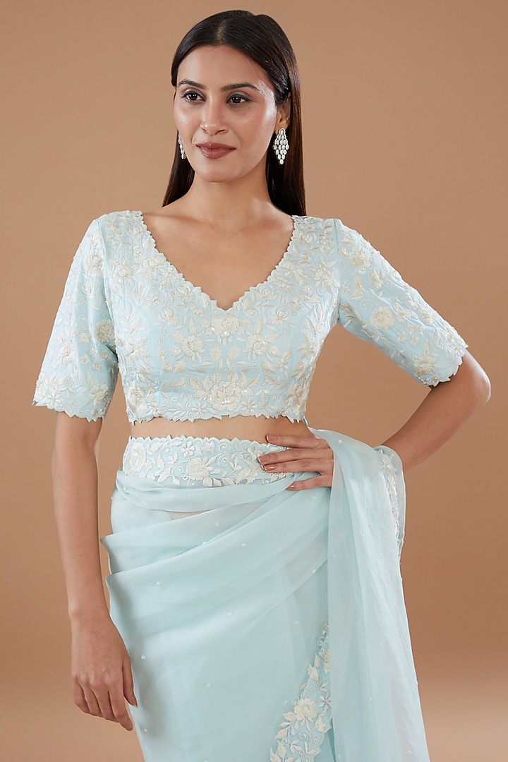 Aqua Blue Organza Pearl & Sequins Embroidered Wedding Saree Set by Sheetal Batra at Pernia's Pop Up Shop