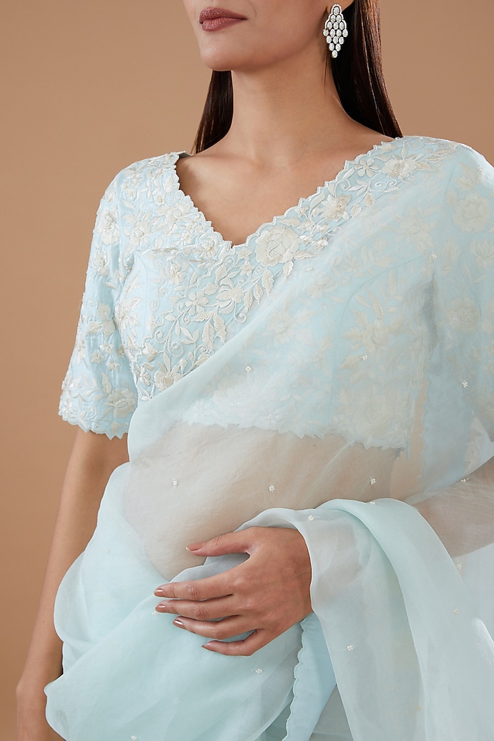 Aqua Blue Organza Pearl & Sequins Embroidered Wedding Saree Set by Sheetal Batra at Pernia's Pop Up Shop