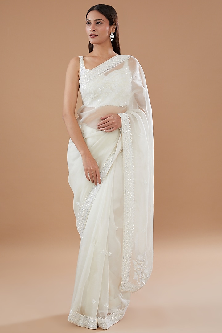 Ivory Organza Cutdana & Pearl Embroidered Wedding Saree Set by Sheetal Batra at Pernia's Pop Up Shop