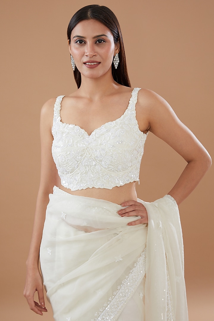 Ivory Organza Cutdana & Pearl Embroidered Wedding Saree Set by Sheetal Batra at Pernia's Pop Up Shop