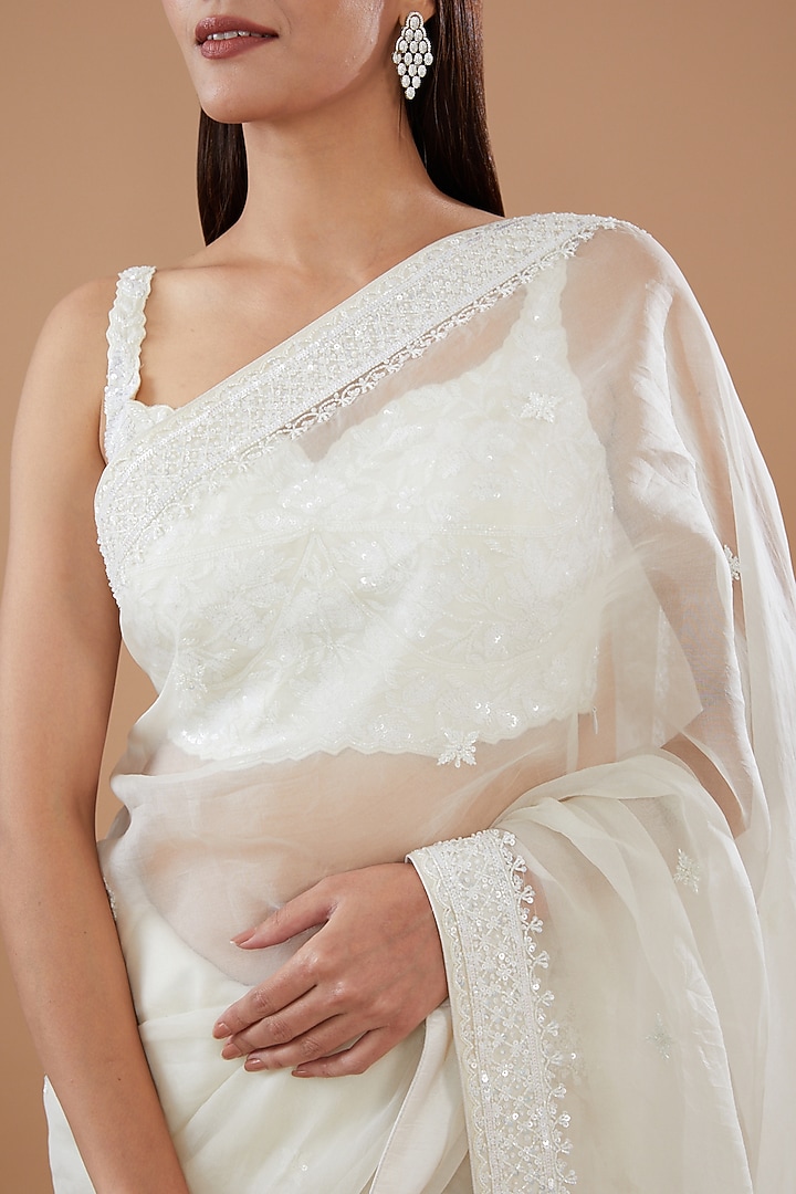 Ivory Organza Cutdana & Pearl Embroidered Wedding Saree Set by Sheetal Batra at Pernia's Pop Up Shop