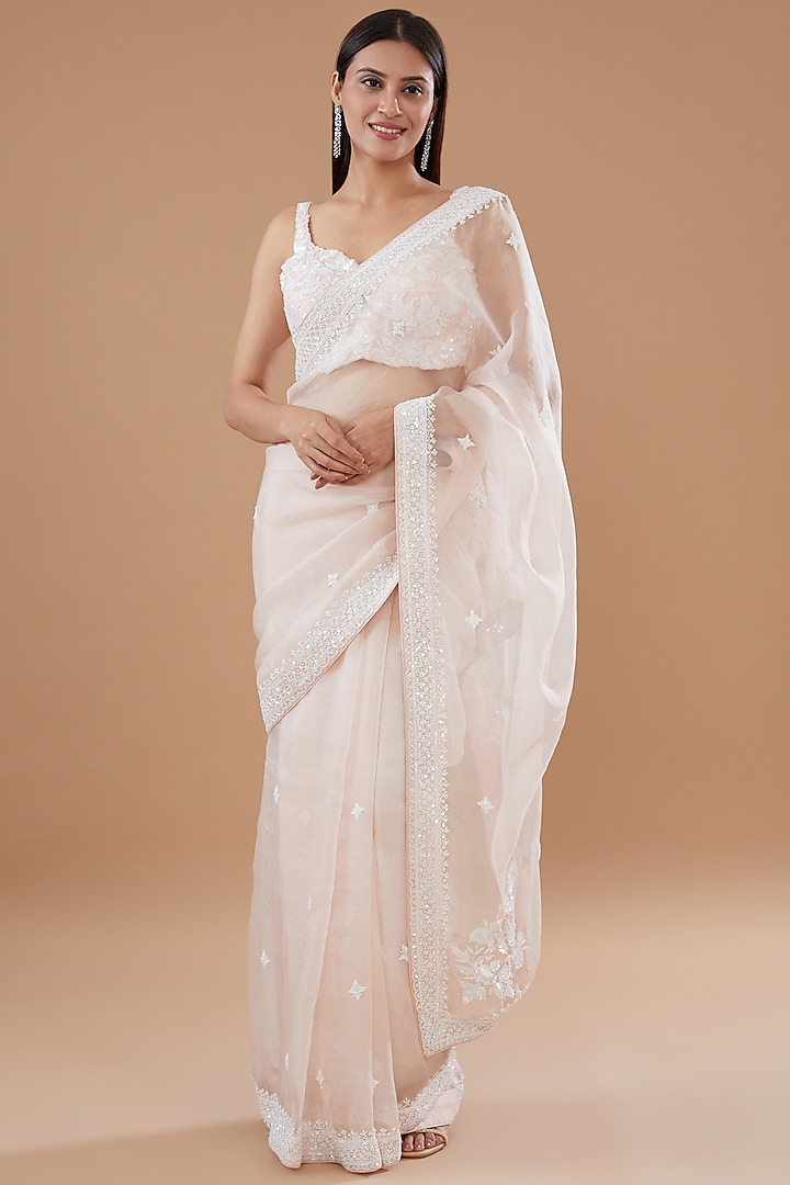 Soft Pink Organza Embroidered Saree Set by Sheetal Batra at Pernia's Pop Up Shop