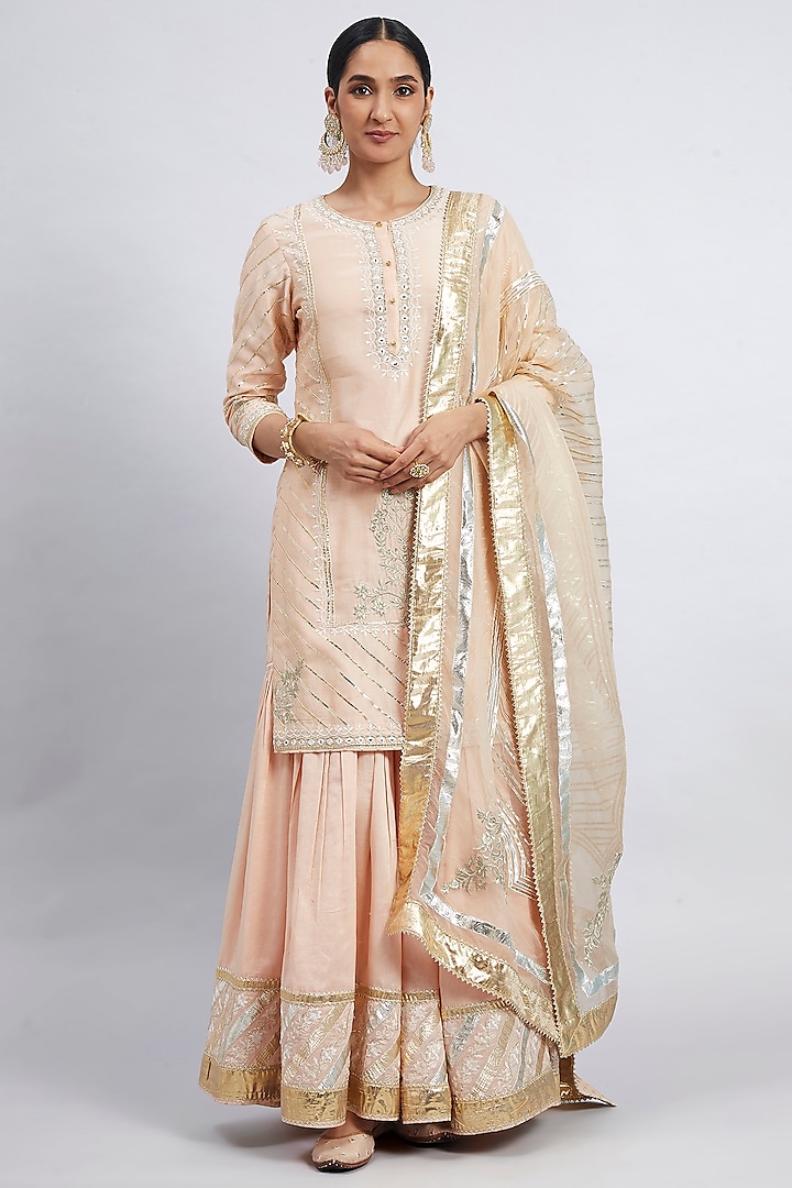 Peach Pure Chanderi Silk Gharara Set by Sheetal Batra at Pernia's Pop Up Shop