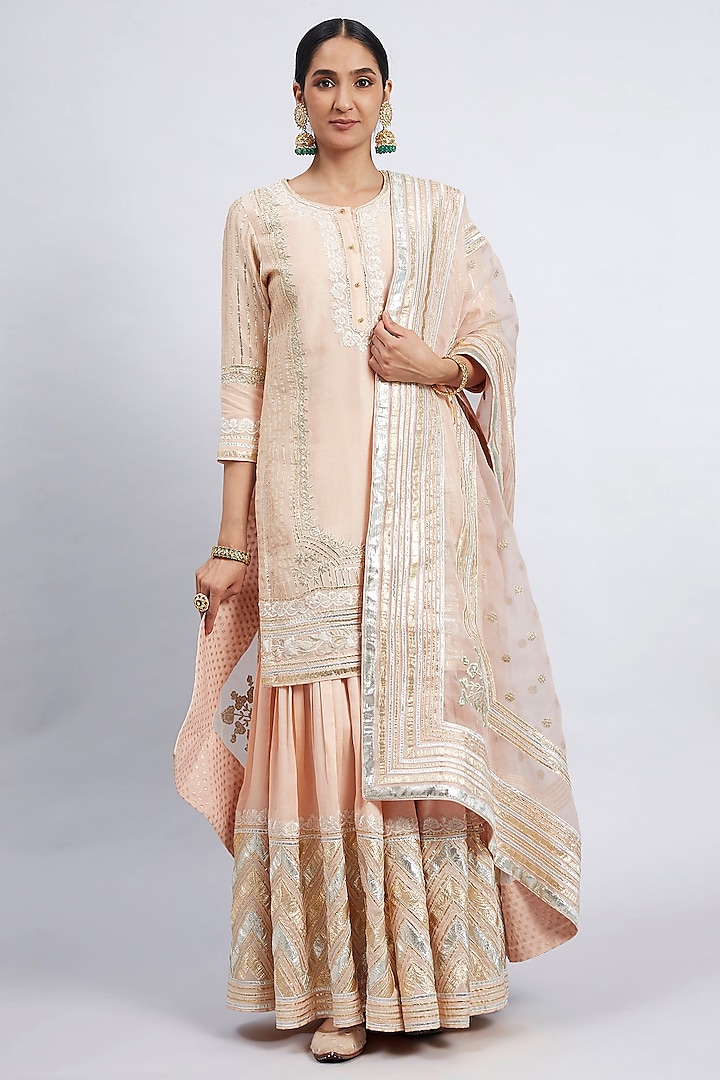 Peach Pure Chanderi Silk Gharara Set by Sheetal Batra at Pernia's Pop Up Shop