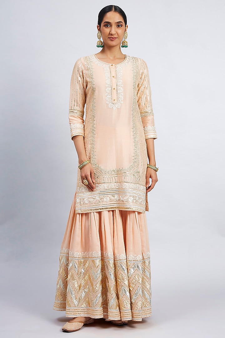 Peach Pure Chanderi Silk Gharara Set by Sheetal Batra at Pernia's Pop Up Shop