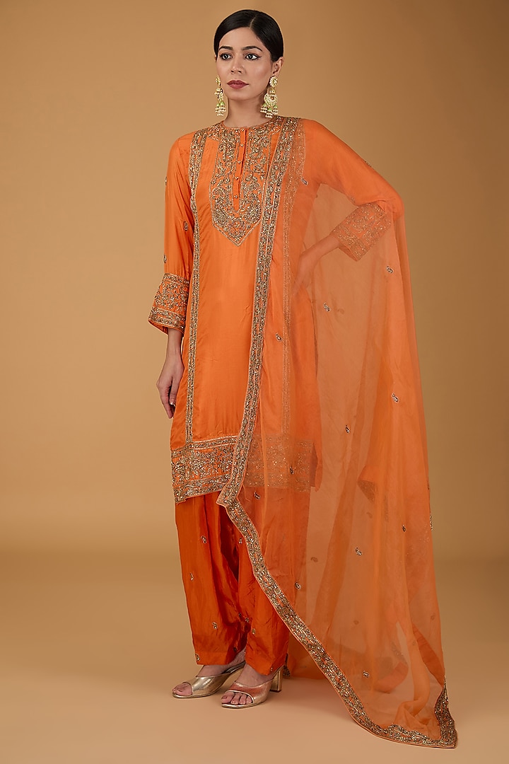 Orange Silk Zardosi Embroidered Short Kurta Set by Sheetal Batra at Pernia's Pop Up Shop