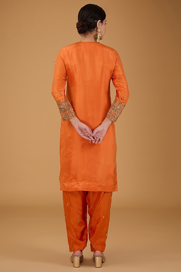Orange Silk Zardosi Embroidered Short Kurta Set by Sheetal Batra at Pernia's Pop Up Shop