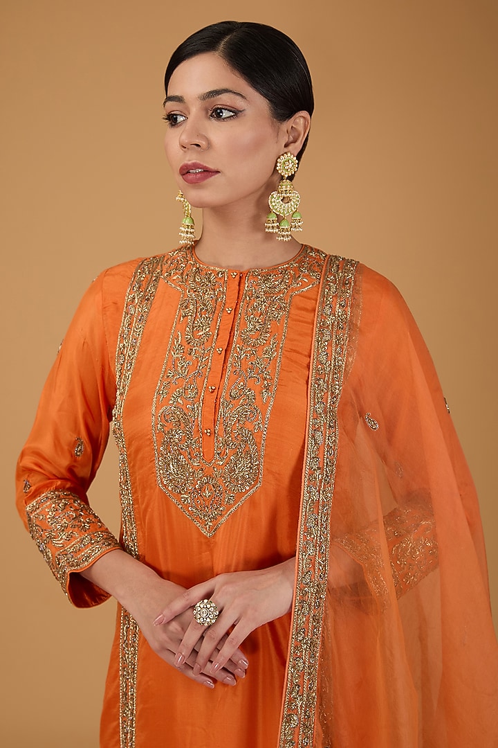 Orange Silk Zardosi Embroidered Short Kurta Set by Sheetal Batra at Pernia's Pop Up Shop