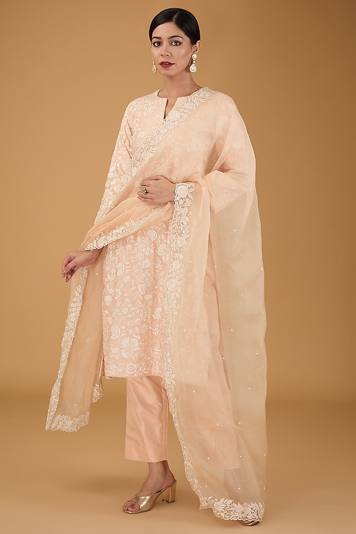 Pink Silk Gara Embroidered Kurta Set by Sheetal Batra at Pernia's Pop Up Shop