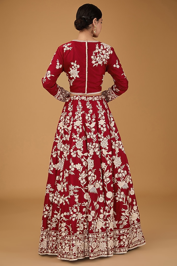 Red Pure Silk Gara Embroidered Bridal Lehenga Set by Sheetal Batra at Pernia's Pop Up Shop