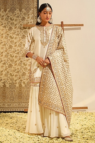 Daisy Ivory Pure Silk Chanderi Gharara Set by Sheetal Batra