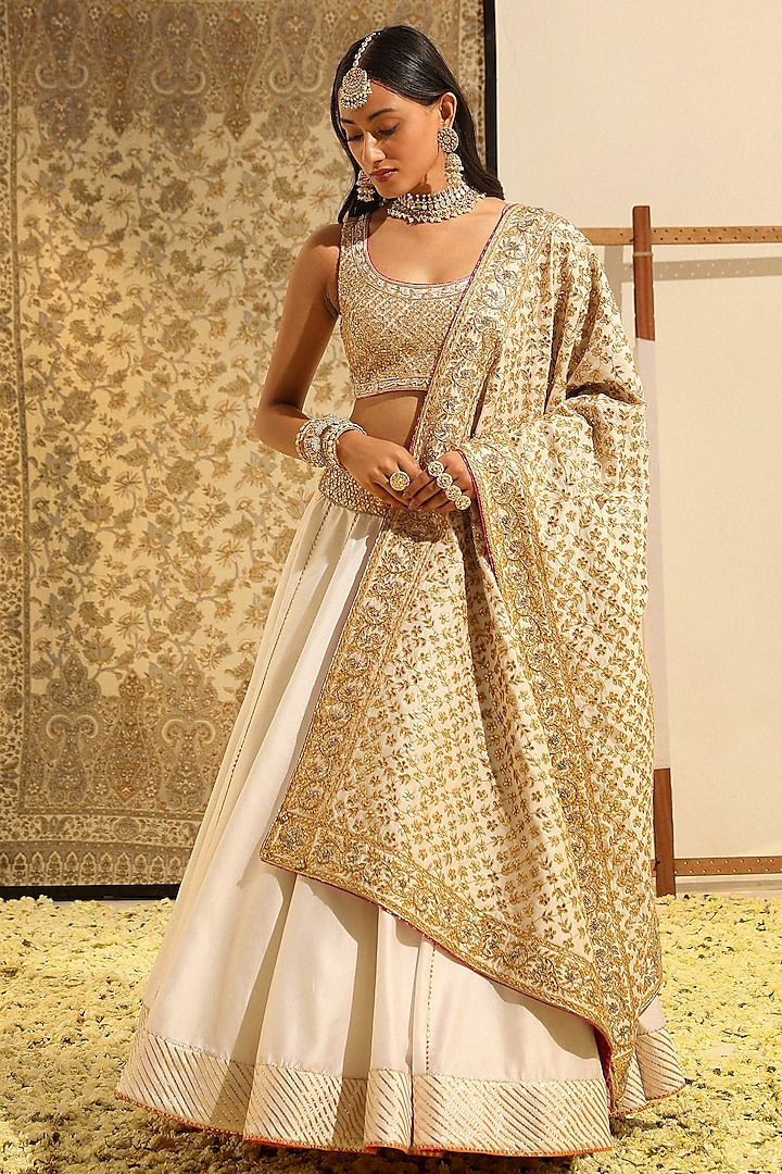 Daisy Ivory Silk Chanderi Gota Patti Embellished Bridal Lehenga Set by Sheetal Batra at Pernia's Pop Up Shop
