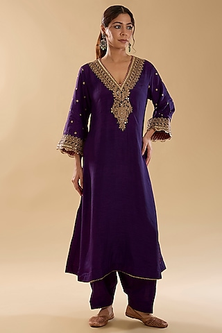 Deep Purple Silk Dupion Kiran Dori Embroidered Kurta Set by Sheetal Batra