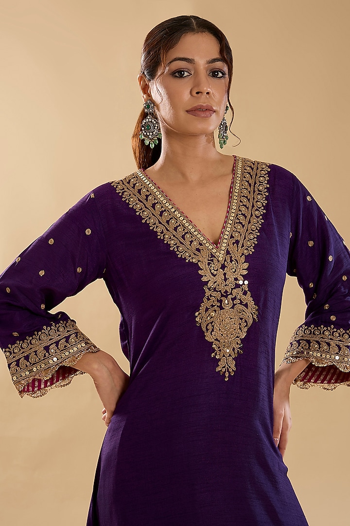 Deep Purple Silk Dupion Kiran Dori Embroidered Kurta Set by Sheetal Batra at Pernia's Pop Up Shop