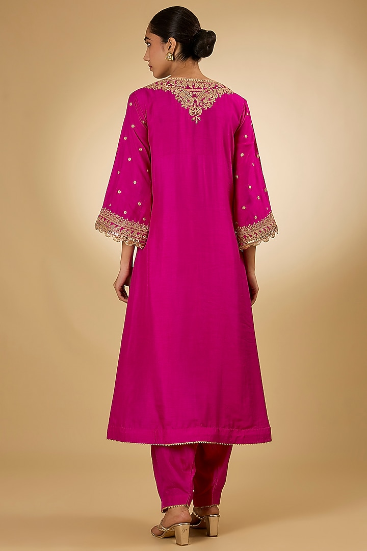 Hot Pink Silk Dupion Sitara Embroidered Kurta Set by Sheetal Batra at Pernia's Pop Up Shop