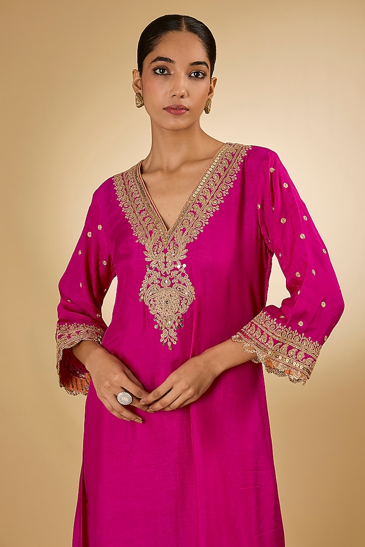 Hot Pink Silk Dupion Sitara Embroidered Kurta Set by Sheetal Batra at Pernia's Pop Up Shop