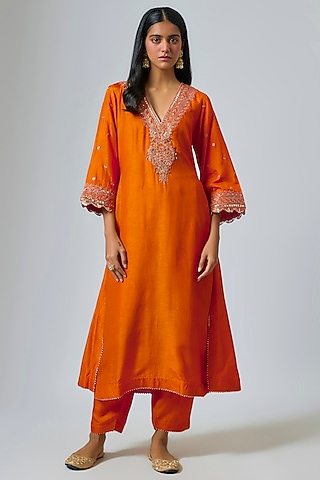 Burnt Orange Pure Silk Kiran Dori Embroidered Kaftan Set by Sheetal Batra