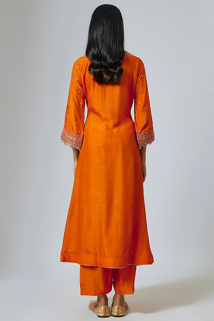 Burnt Orange Pure Silk Kiran Dori Embroidered Kaftan Set by Sheetal Batra at Pernia's Pop Up Shop