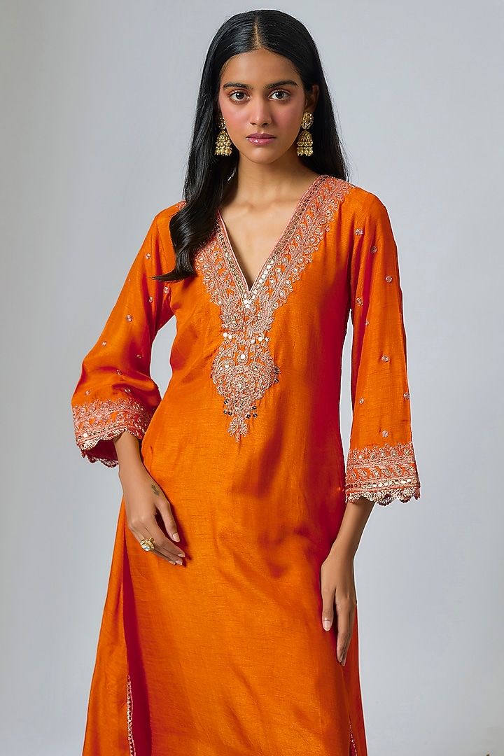 Burnt Orange Pure Silk Kiran Dori Embroidered Kaftan Set by Sheetal Batra at Pernia's Pop Up Shop
