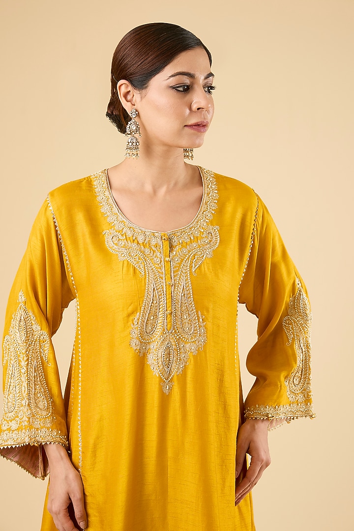 Mustard Pure Upada Silk Zardosi Embroidered Choga Kurta Set by Sheetal Batra at Pernia's Pop Up Shop