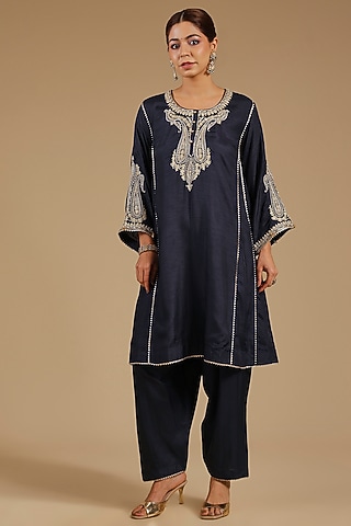 Deep Blue Pure Uppada Silk Sequins Embroidered Kurta Set by Sheetal Batra