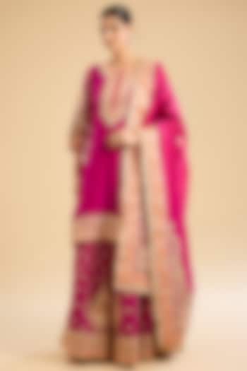 Rani Pink Pure Silk Chanderi Kashmiri Tilla Embroidered Wedding Sharara Set by Sheetal Batra at Pernia's Pop Up Shop