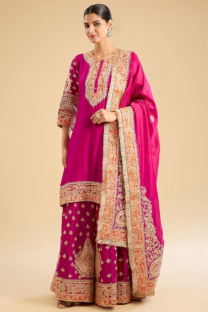 Rani Pink Pure Silk Chanderi Kashmiri Tilla Embroidered Wedding Sharara Set by Sheetal Batra at Pernia's Pop Up Shop