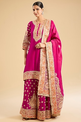 Rani Pink Pure Silk Chanderi Kashmiri Tilla Embroidered Sharara Set by Sheetal Batra
