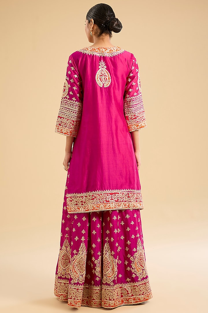 Rani Pink Pure Silk Chanderi Kashmiri Tilla Embroidered Wedding Sharara Set by Sheetal Batra at Pernia's Pop Up Shop