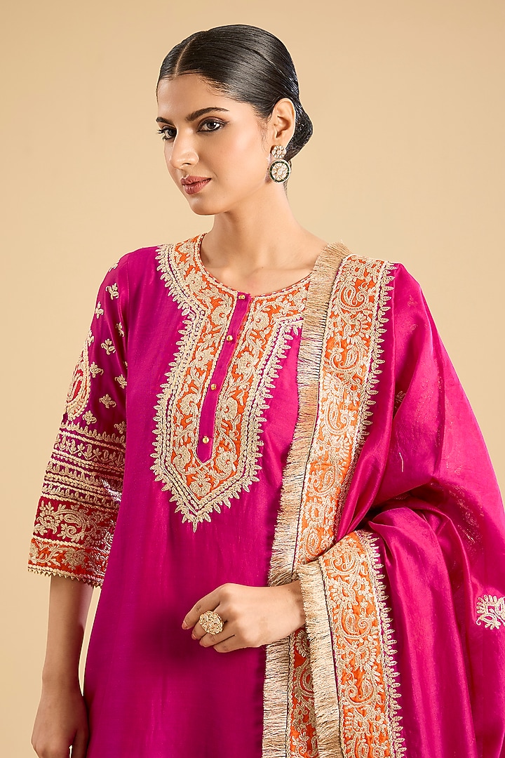 Rani Pink Pure Silk Chanderi Kashmiri Tilla Embroidered Wedding Sharara Set by Sheetal Batra at Pernia's Pop Up Shop
