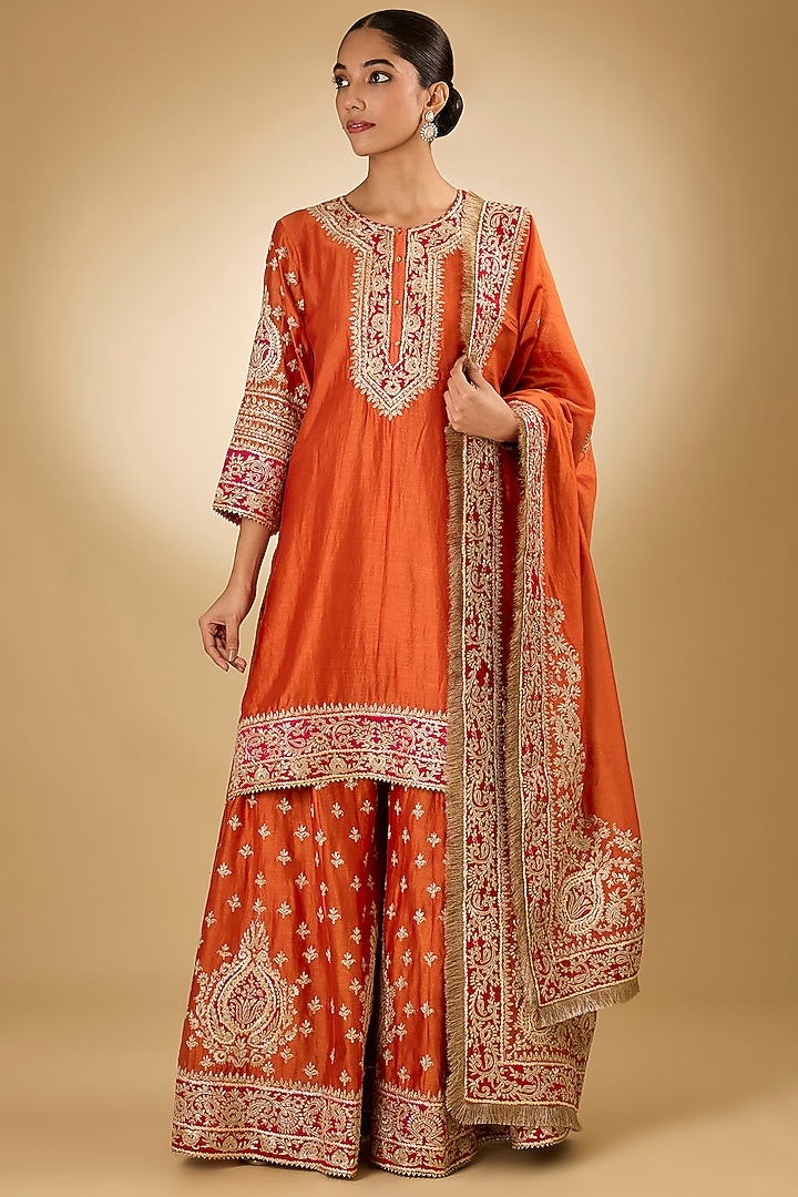 Orange Pure Silk Chanderi Kashmiri Tilla Embroidered Wedding Sharara Set by Sheetal Batra at Pernia's Pop Up Shop