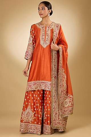 Orange Pure Silk Chanderi Kashmiri Tilla Embroidered Sharara Set by Sheetal Batra