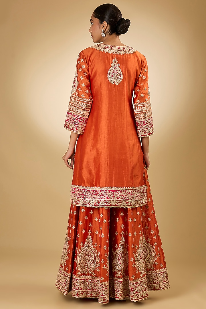 Orange Pure Silk Chanderi Kashmiri Tilla Embroidered Wedding Sharara Set by Sheetal Batra at Pernia's Pop Up Shop