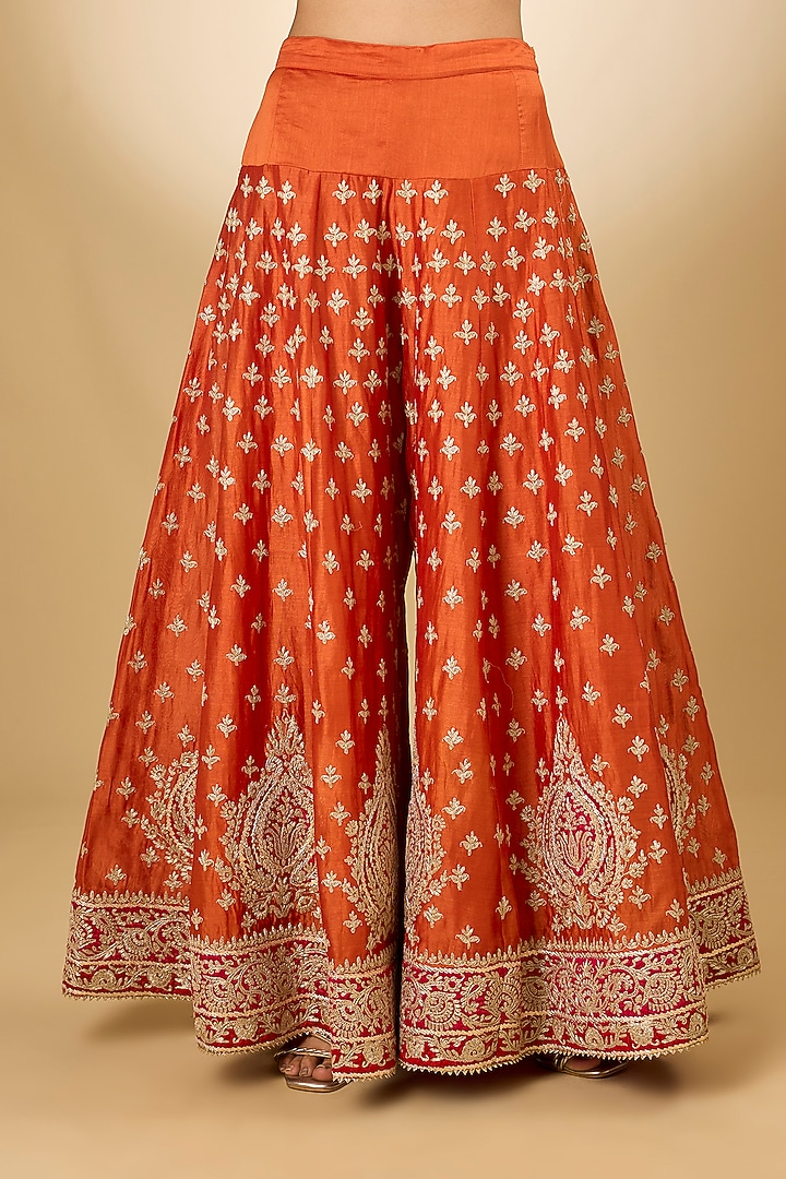 Orange Pure Silk Chanderi Kashmiri Tilla Embroidered Wedding Sharara Set by Sheetal Batra at Pernia's Pop Up Shop