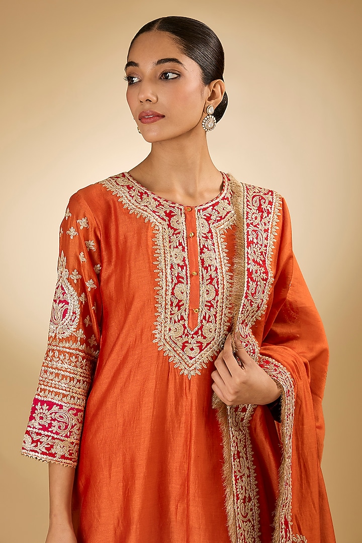 Orange Pure Silk Chanderi Kashmiri Tilla Embroidered Wedding Sharara Set by Sheetal Batra at Pernia's Pop Up Shop
