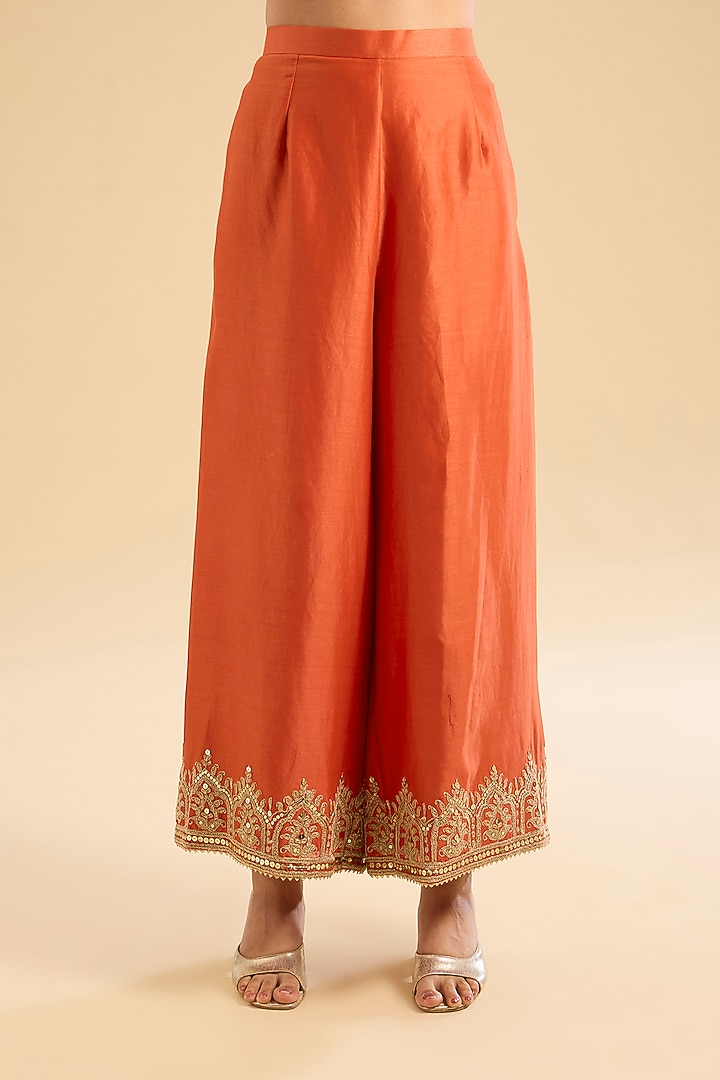 Burnt Orange Silk Chanderi Sitara Embroidered A-Line Kurta Set by Sheetal Batra at Pernia's Pop Up Shop