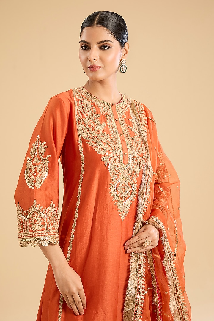 Burnt Orange Silk Chanderi Sitara Embroidered A-Line Kurta Set by Sheetal Batra at Pernia's Pop Up Shop
