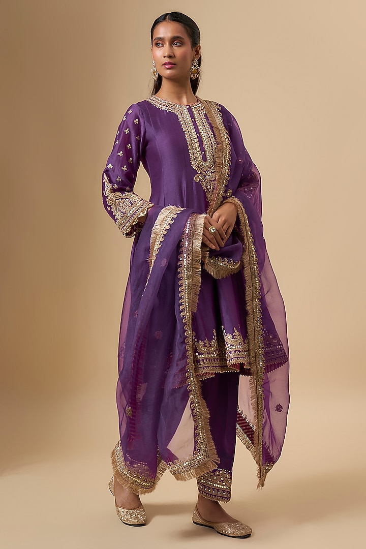 Purple Chanderi Silk Kiran Dori Work Wedding Anarkali Set by Sheetal Batra at Pernia's Pop Up Shop