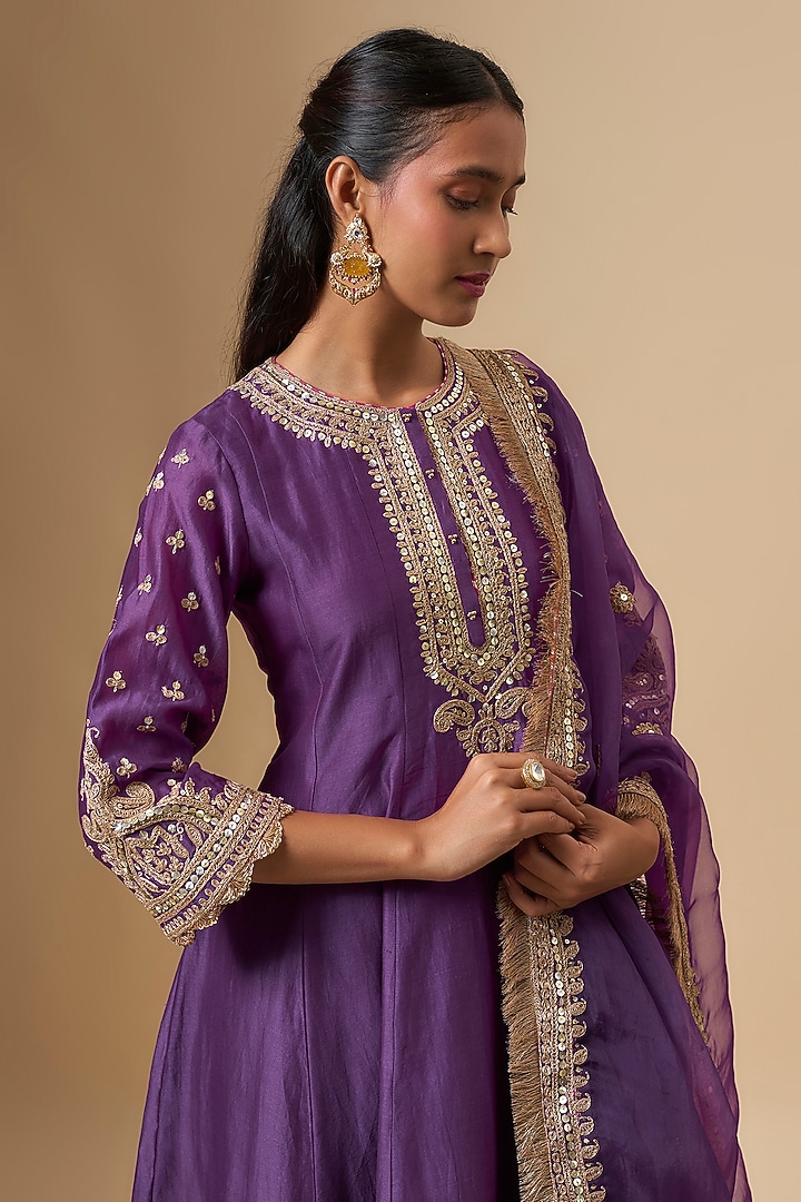 Purple Chanderi Silk Kiran Dori Work Wedding Anarkali Set by Sheetal Batra at Pernia's Pop Up Shop