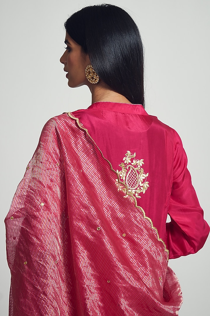 Hot Pink Pure Habutai Silk Pearl Embroidered Kurta Set by Sheetal Batra at Pernia's Pop Up Shop