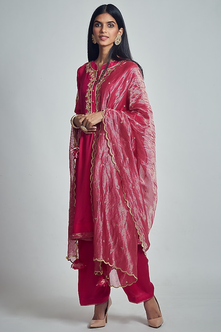 Hot Pink Pure Habutai Silk Pearl Embroidered Kurta Set by Sheetal Batra at Pernia's Pop Up Shop