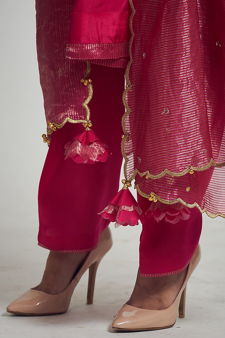Hot Pink Pure Habutai Silk Pearl Embroidered Kurta Set by Sheetal Batra at Pernia's Pop Up Shop