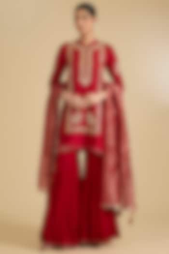 Red Pure Georgette Gharara Set by Sheetal Batra at Pernia's Pop Up Shop