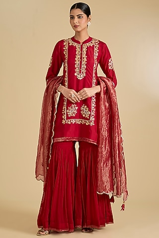 Red Pure Georgette Gharara Set by Sheetal Batra