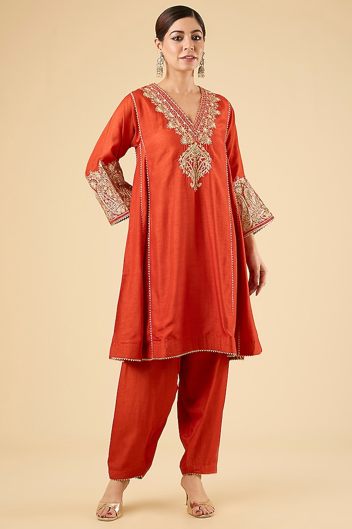 Burnt Orange Upada Silk Kurta Set by Sheetal Batra at Pernia's Pop Up Shop