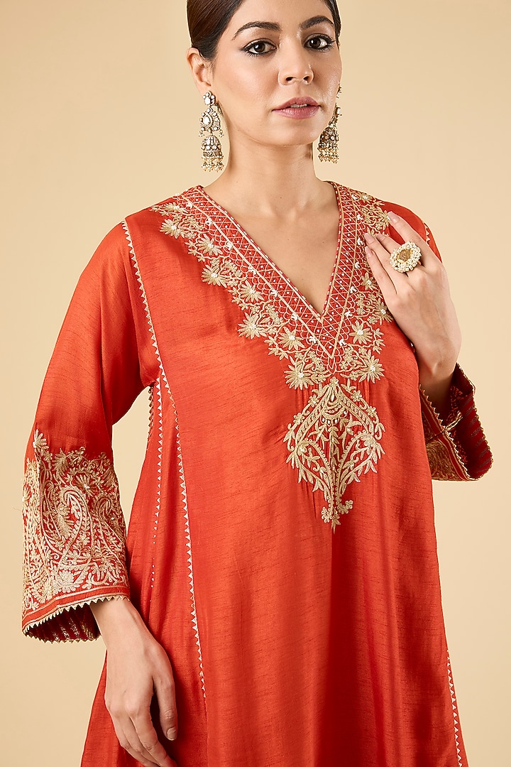 Burnt Orange Upada Silk Kurta Set by Sheetal Batra at Pernia's Pop Up Shop