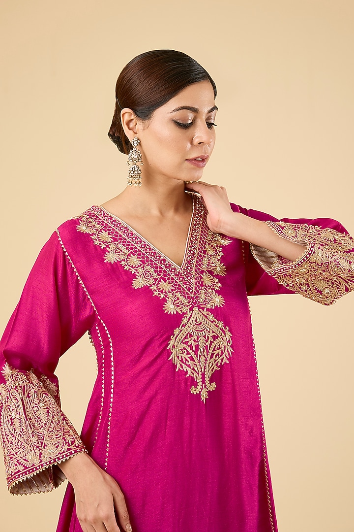 Hot Pink Upada Silk Kurta Set by Sheetal Batra at Pernia's Pop Up Shop
