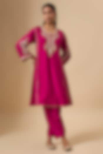 Hot Pink Upada Silk Zardosi Embroidered Choga Kurta Set by Sheetal Batra at Pernia's Pop Up Shop