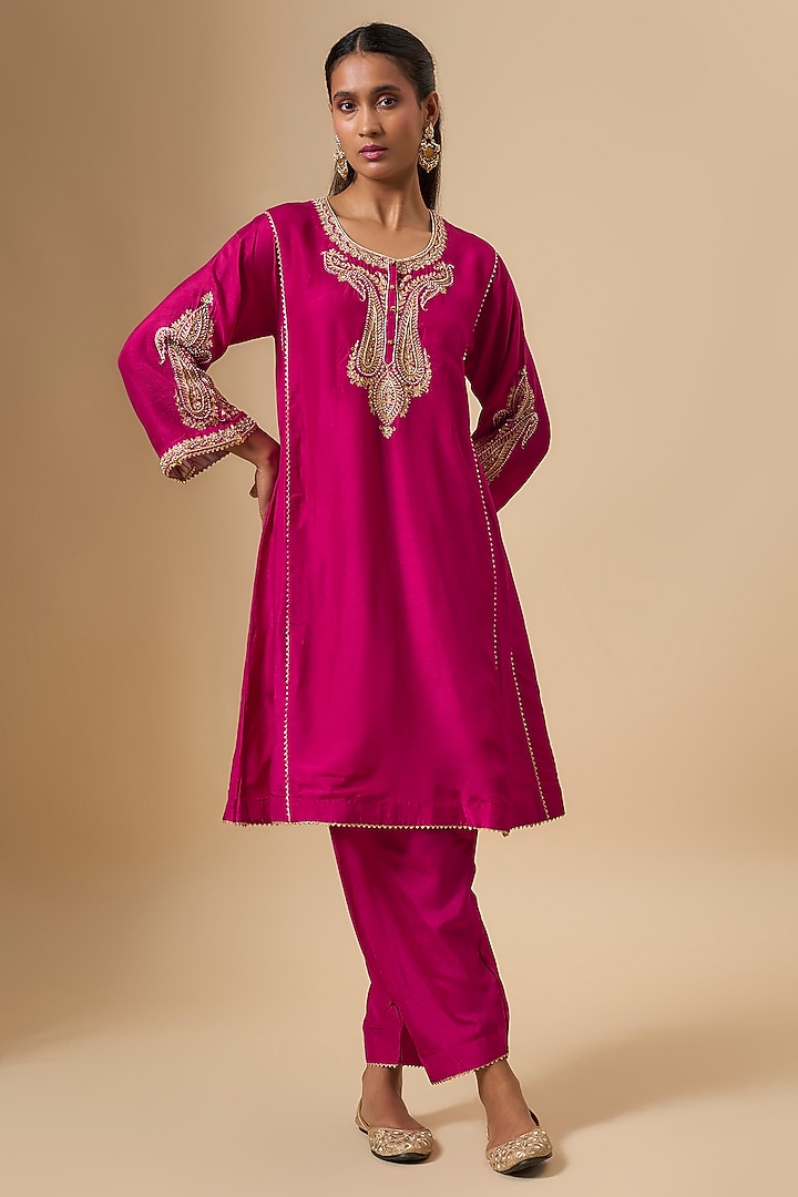 Hot Pink Upada Silk Zardosi Embroidered Choga Kurta Set by Sheetal Batra at Pernia's Pop Up Shop